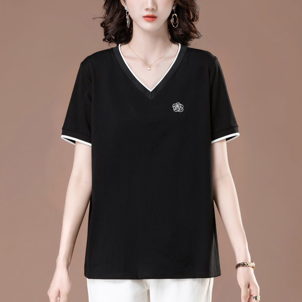 Embroidered loose V-neck short sleeved top