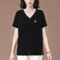 Embroidered loose V-neck short sleeved top