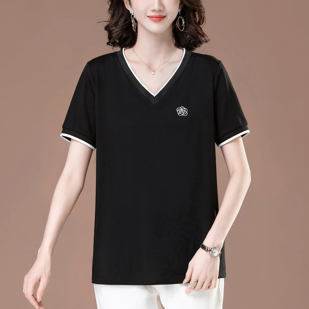 Embroidered loose V-neck short sleeved top